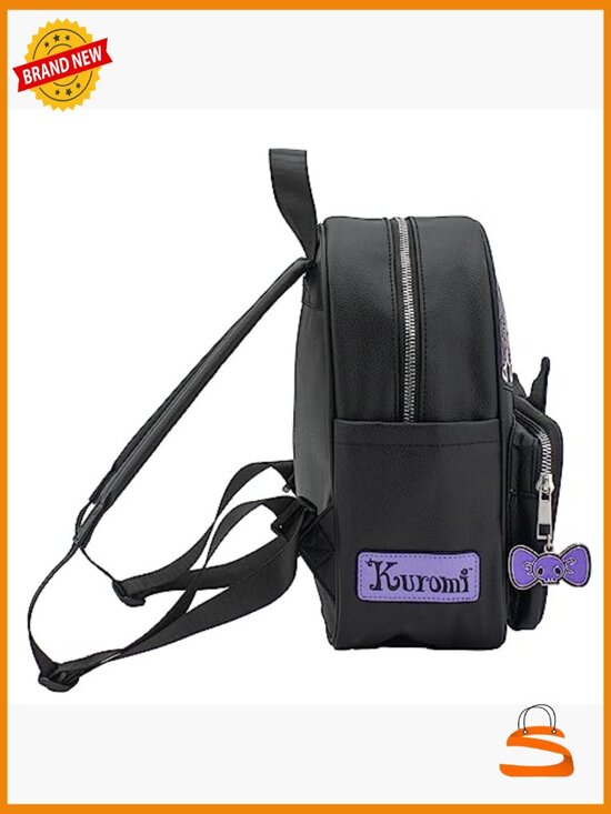 Kuromi Mini PU Backpack, Kawaii Shoulder Bag with Skull Charm, 10.5 Inch Anime main image 3